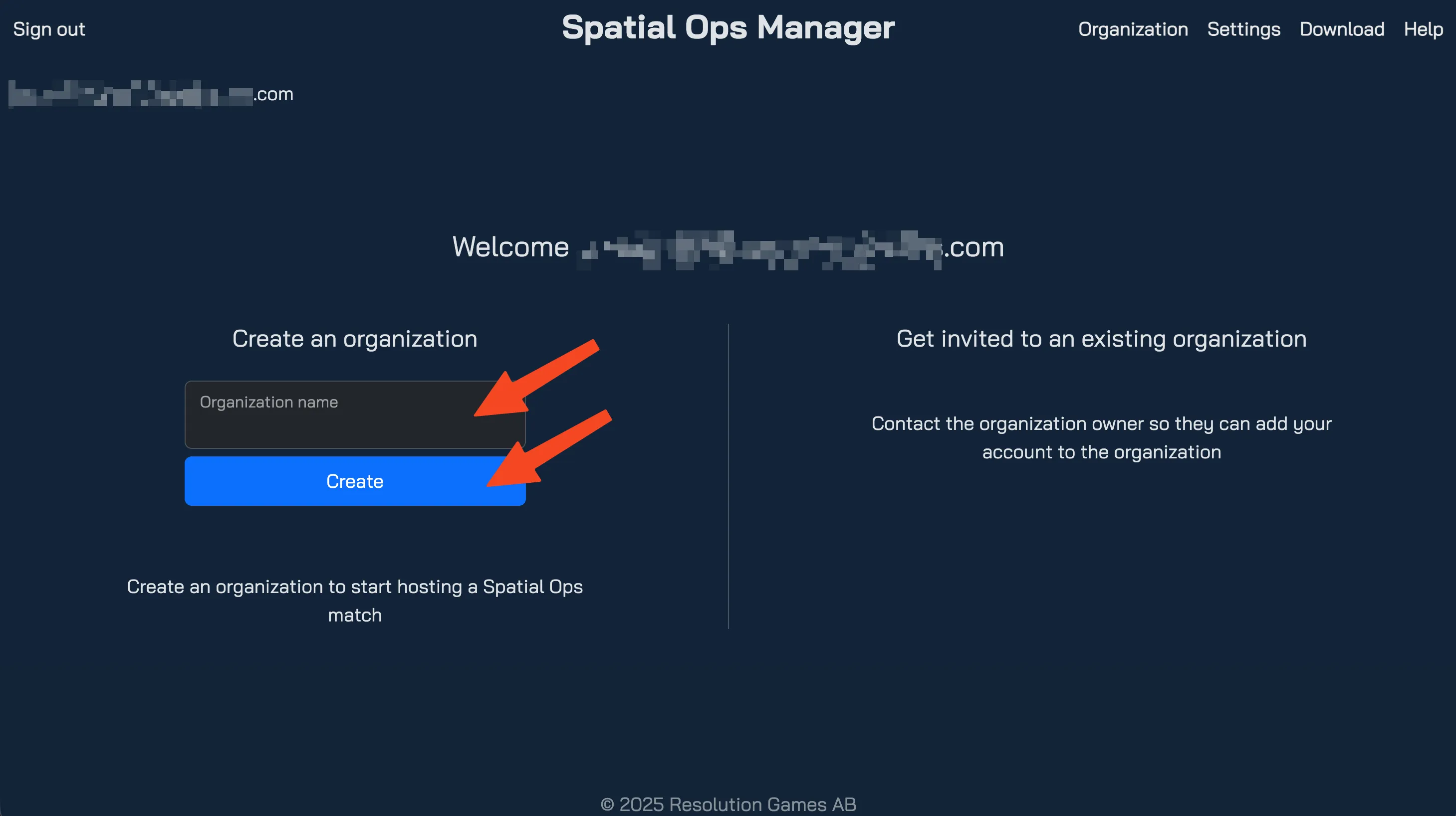 Create-organization form with name field and Create button highlighted