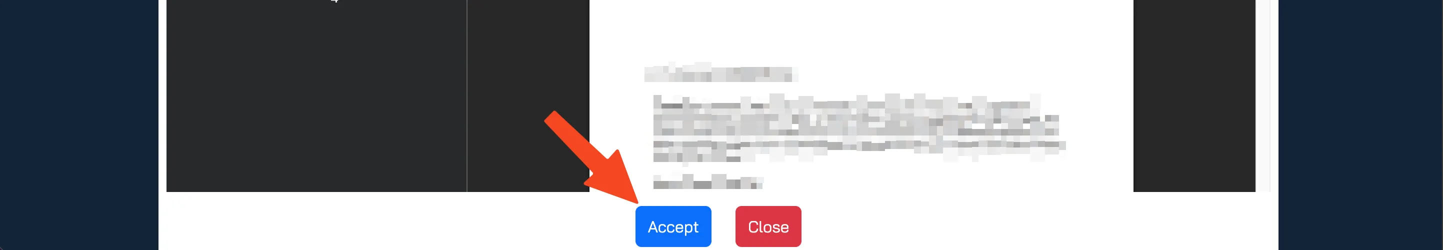 Close-up of Accept and Close buttons, with Accept highlighted