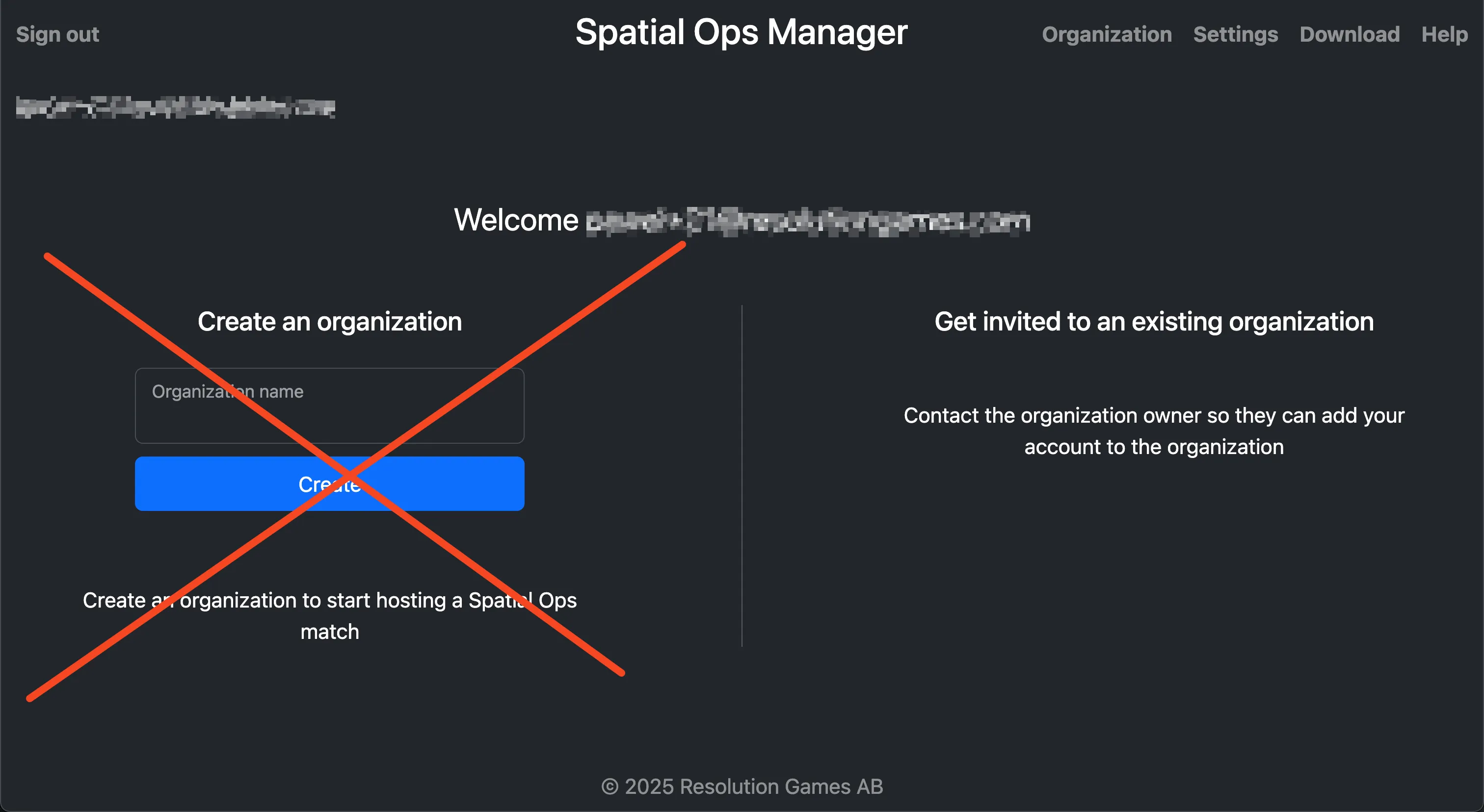 Create-organization screen marked with a large X; invited users should skip this